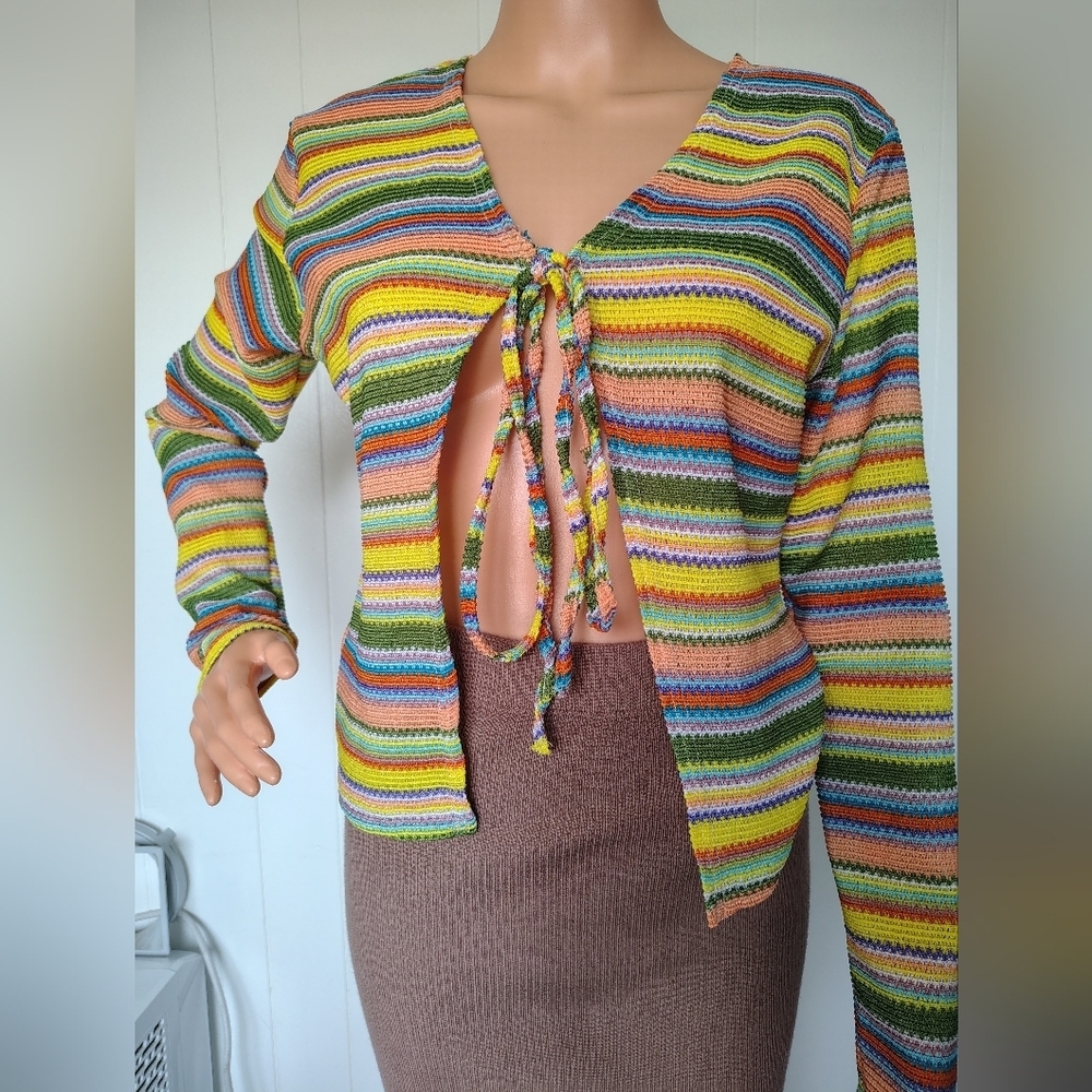EARTHBOUND Multicolor Striped Tie-Front Cardigan Size L